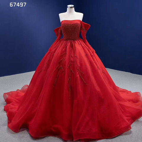 Vestido de novia rojo sexy con hombros descubiertos, perlas y cuentas de lujo, vestido de novia 2025 de alta gama, hecho a medida HM67497 