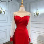 Red Tassel Beaded Evening Dresses Gowns 2025 Satin Mermaid Elegant For Women Party LA6618