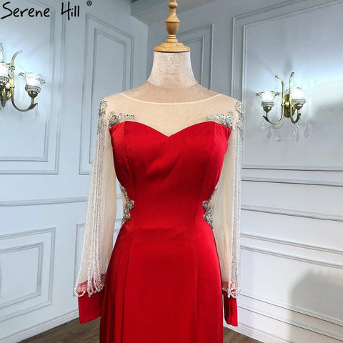 Vestidos de noche con borlas rojas y cuentas, 2025, satén, sirena, elegantes, para mujer, fiesta, LA6618 