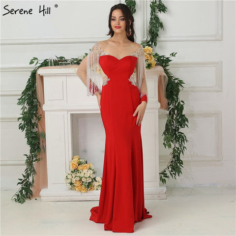 Vestidos de noche con borlas rojas y cuentas, 2025, satén, sirena, elegantes, para mujer, fiesta, LA6618 