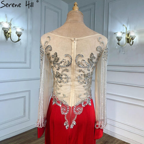 Vestidos de noche con borlas rojas y cuentas, 2025, satén, sirena, elegantes, para mujer, fiesta, LA6618 