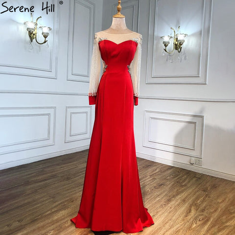 Vestidos de noche con borlas rojas y cuentas, 2025, satén, sirena, elegantes, para mujer, fiesta, LA6618 