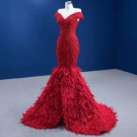 Rode Luxe Elegant Avond Jurken 2025 Lentejuelas Plumas Sirena Para Fiesta Vrouwen HM67433 