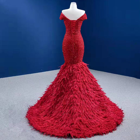 Rode Luxe Elegant Avond Jurken 2025 Lentejuelas Plumas Sirena Para Fiesta Vrouwen HM67433 