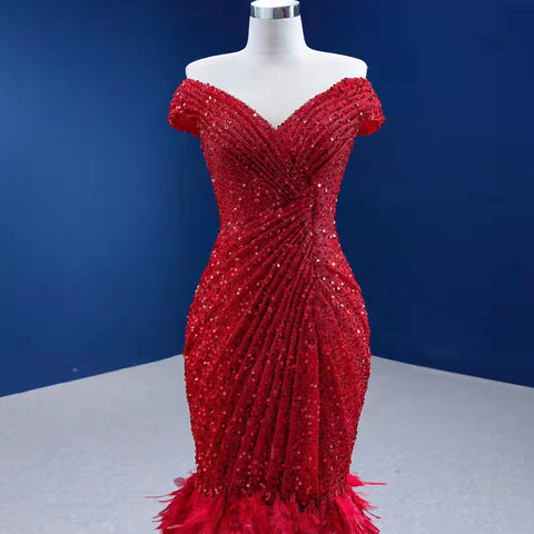Rode Luxe Elegant Avond Jurken 2025 Lentejuelas Plumas Sirena Para Fiesta Vrouwen HM67433 