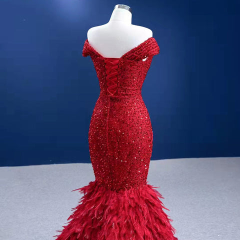 Rode Luxe Elegant Avond Jurken 2025 Lentejuelas Plumas Sirena Para Fiesta Vrouwen HM67433 