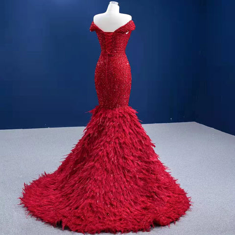 Rode Luxe Elegant Avond Jurken 2025 Lentejuelas Plumas Sirena Para Fiesta Vrouwen HM67433 