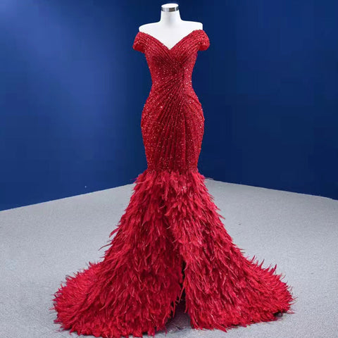 Rode Luxe Elegant Avond Jurken 2025 Lentejuelas Plumas Sirena Para Fiesta Vrouwen HM67433 