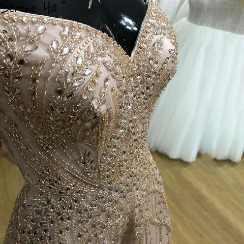 Vestidos de noche con cuentas en oro rosa, corte A, de lujo, sin mangas, para mujer, fiesta, LA71459 