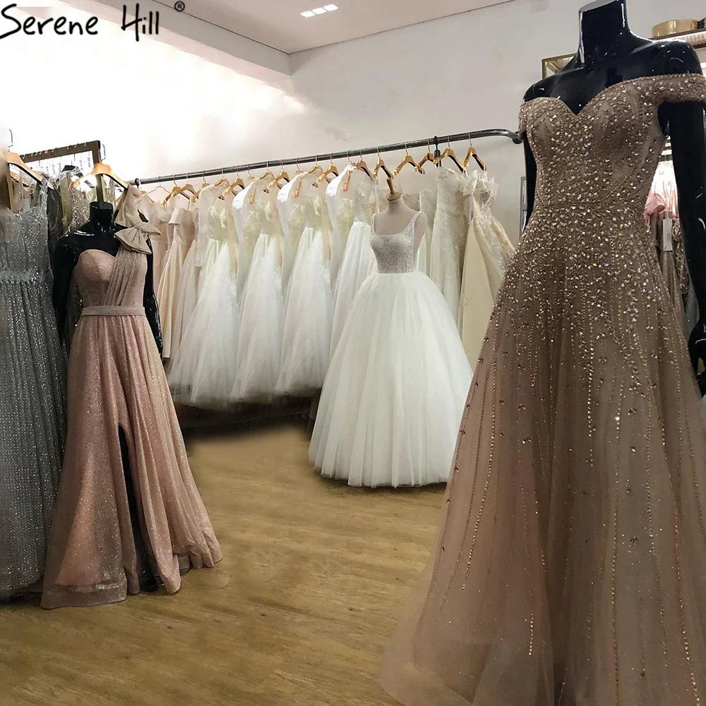 Rose Gold Beaded Evening Dresses Gowns 2025 A-Line Luxury Sleeveless For Women Party LA71459