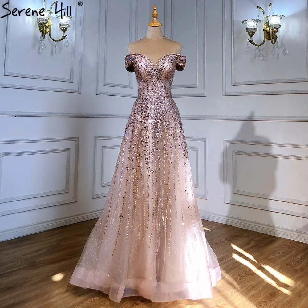 Rose Gold Beaded Evening Dresses Gowns 2025 A-Line Luxury Sleeveless For Women Party LA71459