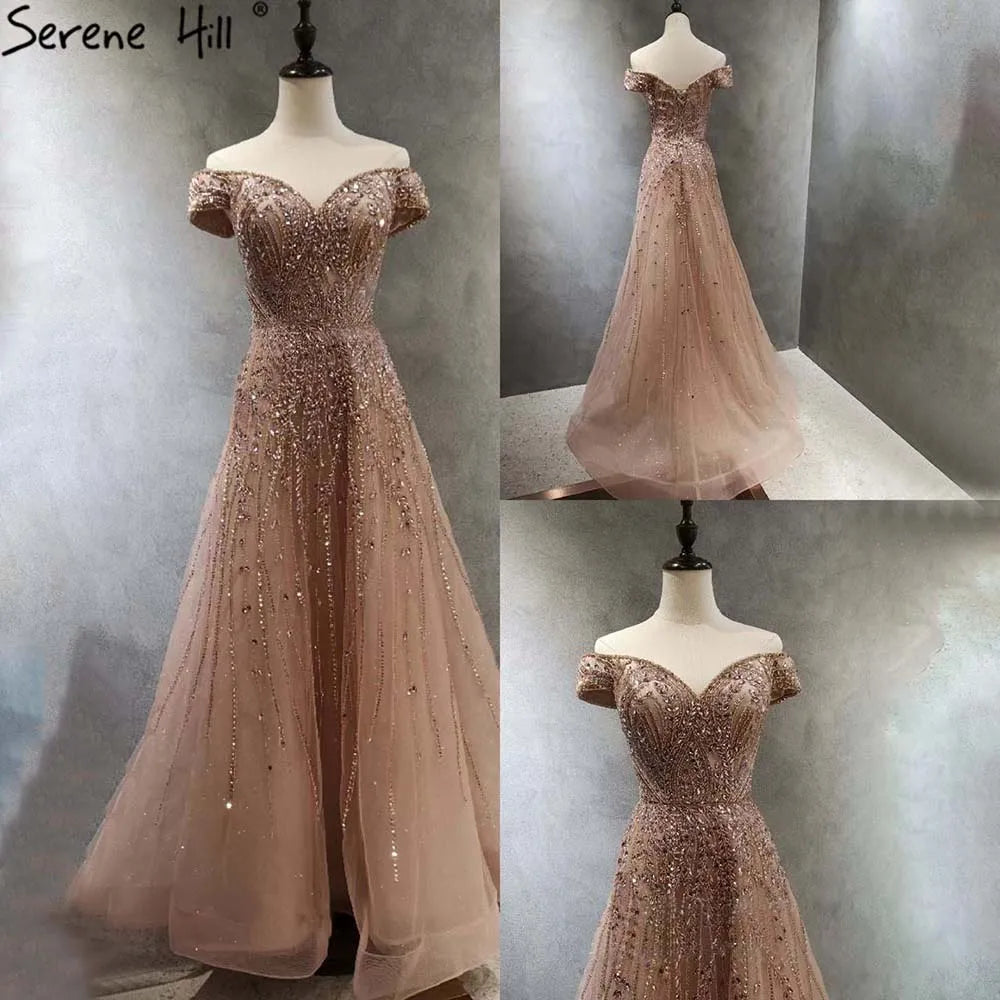 Rose Gold Beaded Evening Dresses Gowns 2025 A-Line Luxury Sleeveless For Women Party LA71459