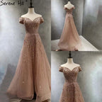 Rose Gold Beaded Evening Dresses Gowns 2025 A-Line Luxury Sleeveless For Women Party LA71459