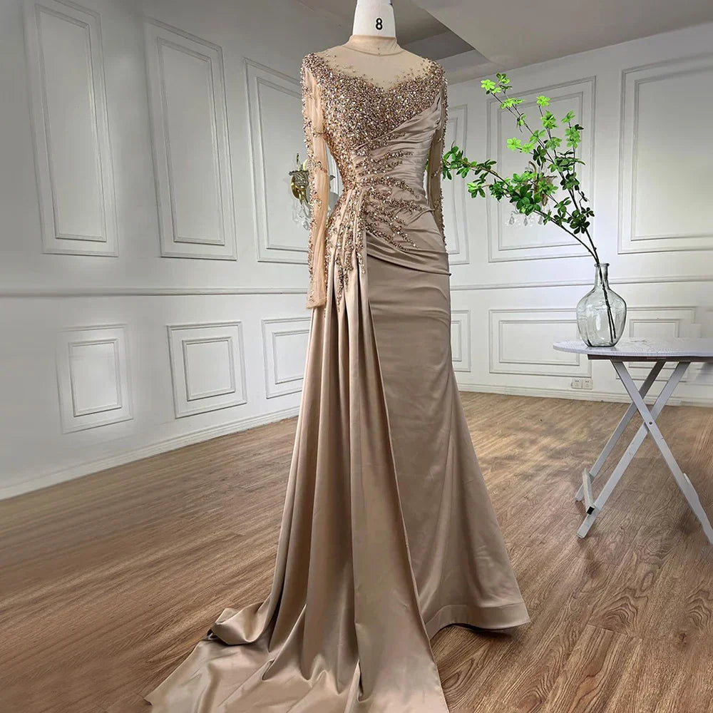 Rose Gold Long Sleeve High Neck Luxury Mermaid With Skirt Evening Dresses Gowns For Women Party 2025 LA71804