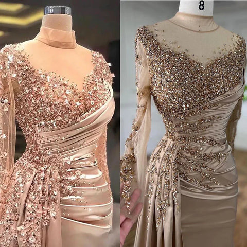 Vestido de noche de sirena de lujo con cuello alto y manga larga en oro rosa y falda para mujer, para fiesta 2025 LA71804 