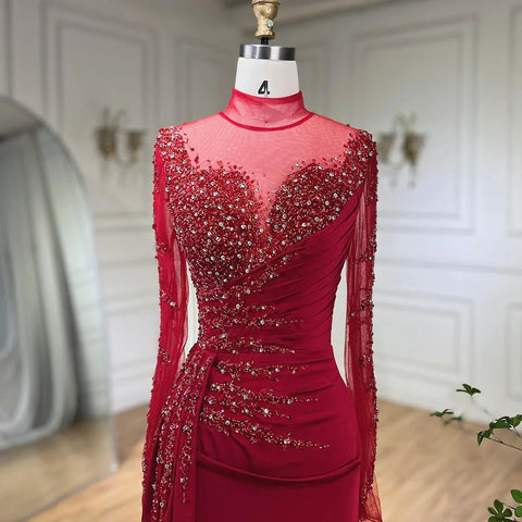 Vestido de noche de sirena de lujo con cuello alto y manga larga en oro rosa y falda para mujer, para fiesta 2025 LA71804 
