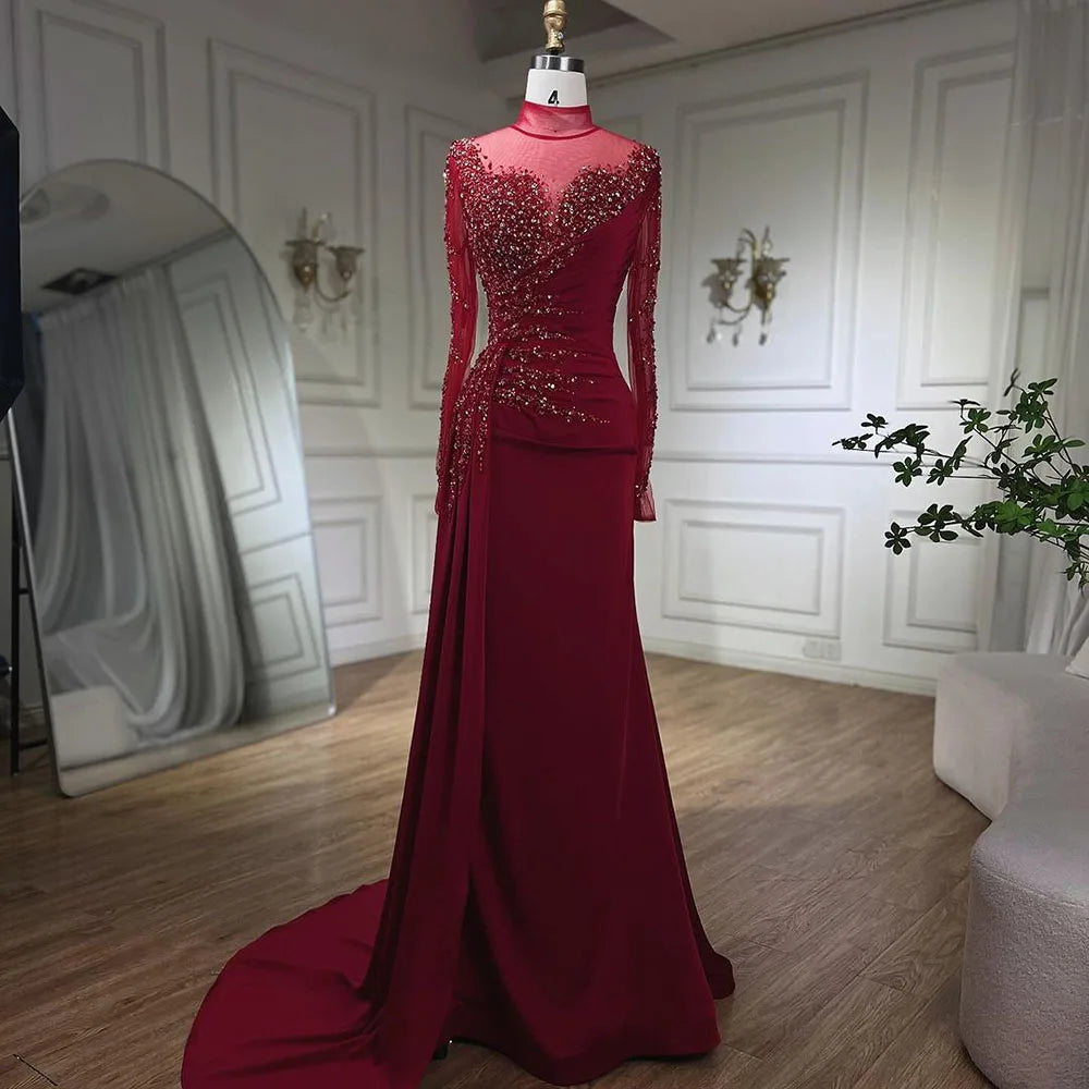 Rose Gold Long Sleeve High Neck Luxury Mermaid With Skirt Evening Dresses Gowns For Women Party 2025 LA71804