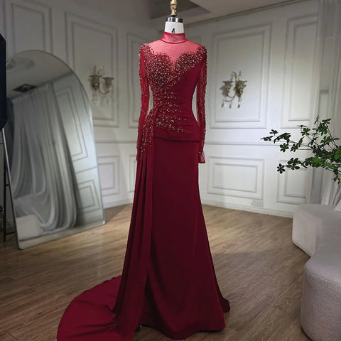 Vestido de noche de sirena de lujo con cuello alto y manga larga en oro rosa y falda para mujer, para fiesta 2025 LA71804 