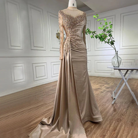 Vestido de noche de sirena de lujo con cuello alto y manga larga en oro rosa y falda para mujer, para fiesta 2025 LA71804 