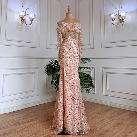 Vestido de noche sexy de sirena en oro rosa, sin tirantes, con abertura alta y mangas largas para boda, para mujer 2025 LA71822 