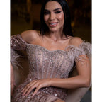 Rose Gold Off Shoulder One Sleeve Mermaid Feathers Evening Dresses High Split Sexy Party Gowns For Women LA72082