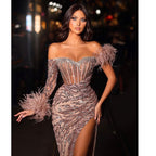 Rose Gold Off Shoulder One Sleeve Mermaid Feathers Evening Dresses High Split Sexy Party Gowns For Women LA72082