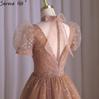 Rose Pink A-Line Evening Dresses Gowns 2025 Short Sleeves Sexy For Women Wedding Party LA70599