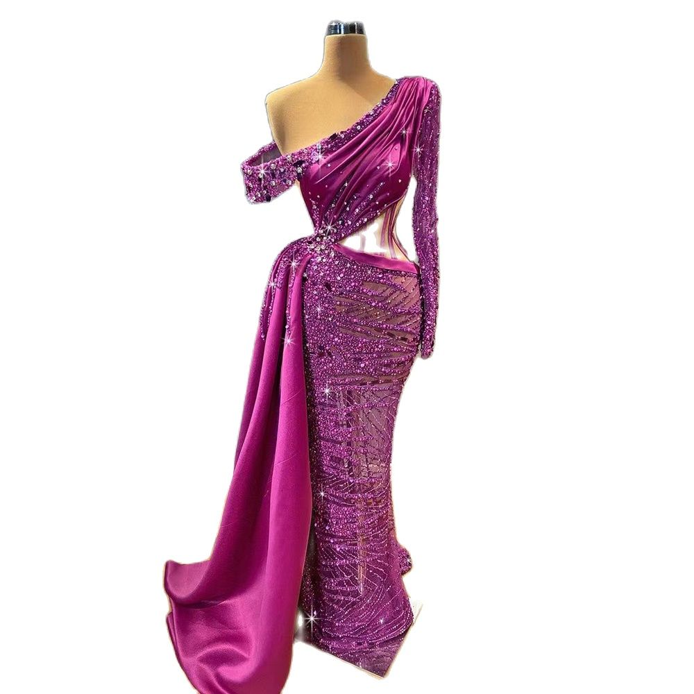 Purple Cut Out Mermaid Sexy One Shoulder Long Sleeves Beaded Evening Dresses Gowns For Women Party 2025 LA71821