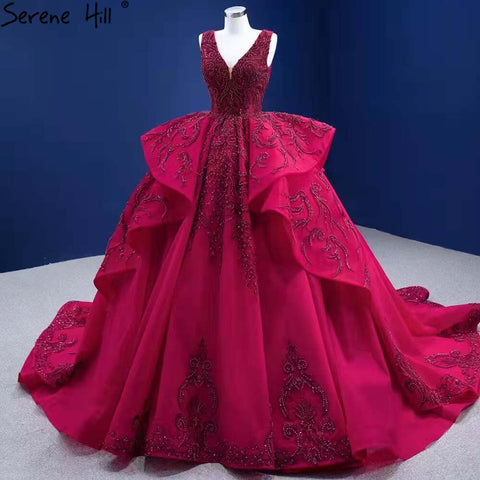 Vestidos de novia de lujo con volantes en rojo rosa 2025, escote en V y cuentas, HM67376, hechos a medida 