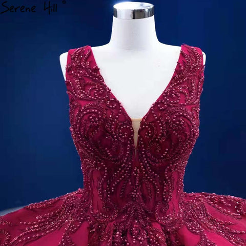 Vestidos de novia de lujo con volantes en rojo rosa 2025, escote en V y cuentas, HM67376, hechos a medida 