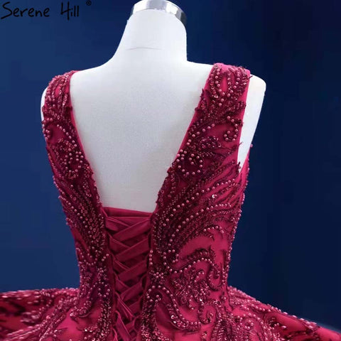 Vestidos de novia de lujo con volantes en rojo rosa 2025, escote en V y cuentas, HM67376, hechos a medida 