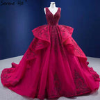 Rose Red Ruffles Wedding Dresses 2025 Beaded V-Neck Luxury Bride Gowns HM67376 Custom Made