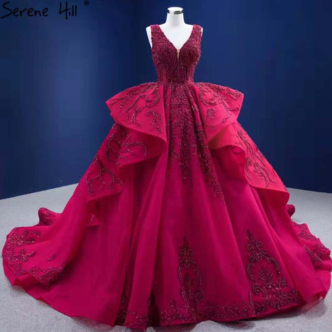 Vestidos de novia de lujo con volantes en rojo rosa 2025, escote en V y cuentas, HM67376, hechos a medida 