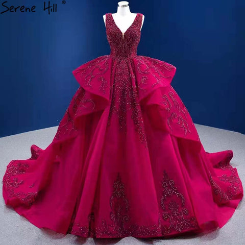 Vestidos de novia de lujo con volantes en rojo rosa 2025, escote en V y cuentas, HM67376, hechos a medida 