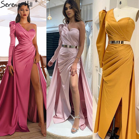 Vestido de noche sexy de satén rosa, sencillo, con un hombro al descubierto, corte A, abertura alta, para mujer, fiesta, LA70876 