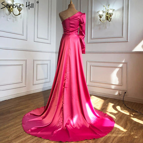 Vestido de noche sexy de satén rosa, sencillo, con un hombro al descubierto, corte A, abertura alta, para mujer, fiesta, LA70876 