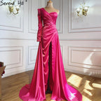 Rose Simple Satin  Sexy Evening Dresses Gowns 2025 One Shoulder A-Line High Split For Women Party LA70876