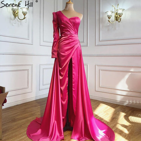 Vestido de noche sexy de satén rosa, sencillo, con un hombro al descubierto, corte A, abertura alta, para mujer, fiesta, LA70876 