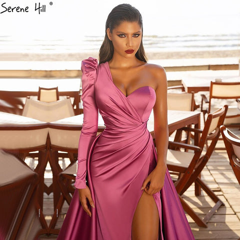 Vestido de noche sexy de satén rosa, sencillo, con un hombro al descubierto, corte A, abertura alta, para mujer, fiesta, LA70876 
