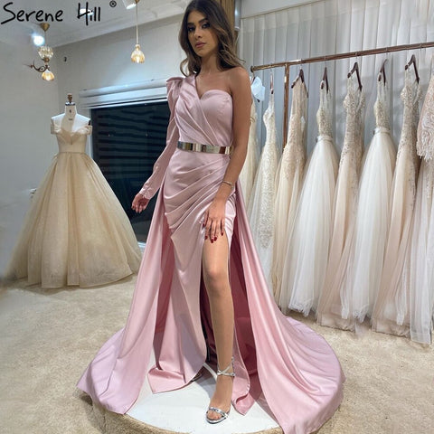 Vestido de noche sexy de satén rosa, sencillo, con un hombro al descubierto, corte A, abertura alta, para mujer, fiesta, LA70876 