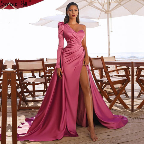 Vestido de noche sexy de satén rosa, sencillo, con un hombro al descubierto, corte A, abertura alta, para mujer, fiesta, LA70876 