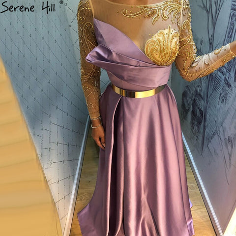 Vestido de noche azul rey de satén con mangas largas y fajas de cuentas, corte A, para mujer, fiesta, LA71457 