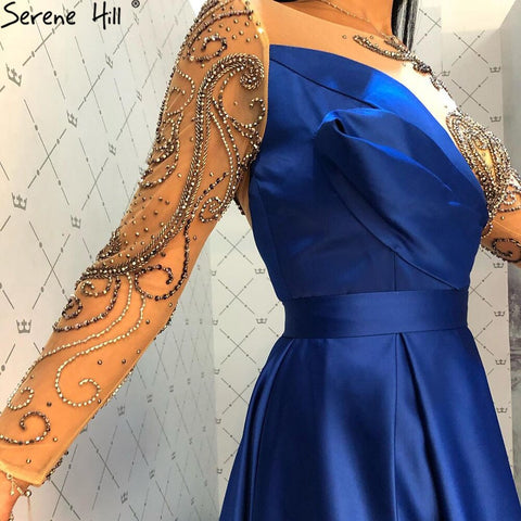 Vestido de noche azul rey de satén con mangas largas y fajas de cuentas, corte A, para mujer, fiesta, LA71457 