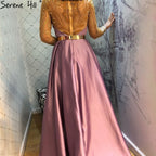 Royal Blue Long Sleeve Satin Evening Dresses Gowns 2025 Beaded Sashes A-Line For Women Party LA71457