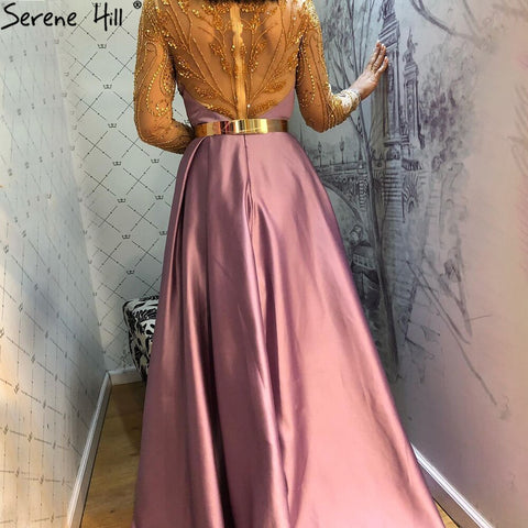 Vestido de noche azul rey de satén con mangas largas y fajas de cuentas, corte A, para mujer, fiesta, LA71457 