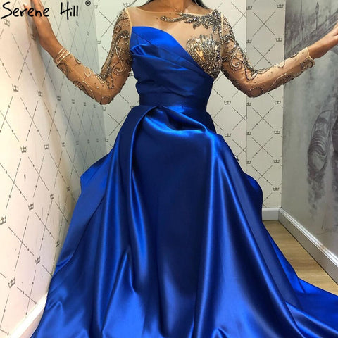 Vestido de noche azul rey de satén con mangas largas y fajas de cuentas, corte A, para mujer, fiesta, LA71457 