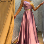Royal Blue Long Sleeve Satin Evening Dresses Gowns 2025 Beaded Sashes A-Line For Women Party LA71457