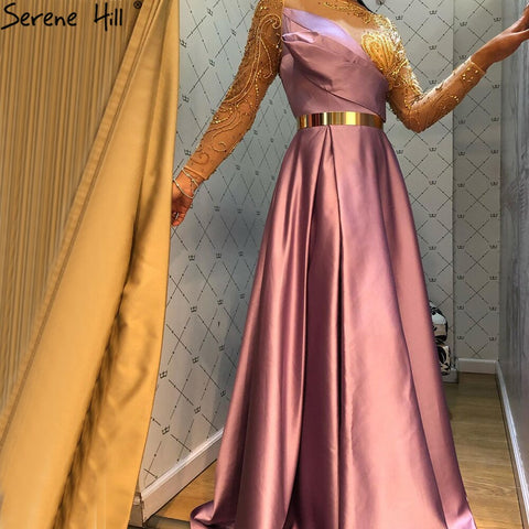 Vestido de noche azul rey de satén con mangas largas y fajas de cuentas, corte A, para mujer, fiesta, LA71457 