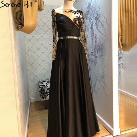 Vestido de noche azul rey de satén con mangas largas y fajas de cuentas, corte A, para mujer, fiesta, LA71457 