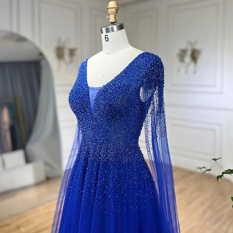 Royal Blue Luxury Dubai Evening Dress with Cape Sleeves LA72315